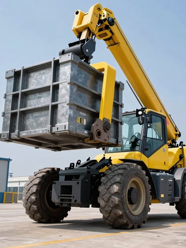 Low-angle dramatic daylight shot of a high-capacity telehandler lifting a heavy steel crate on a clean industrial site, safety yellow accents, sharp metallic textures, 35mm lens