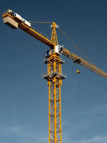 Low-angle wide shot of a massive safety-yellow mobile crane, boom extended against a high-contrast dramatic sky, sharp industrial photography, 35mm lens