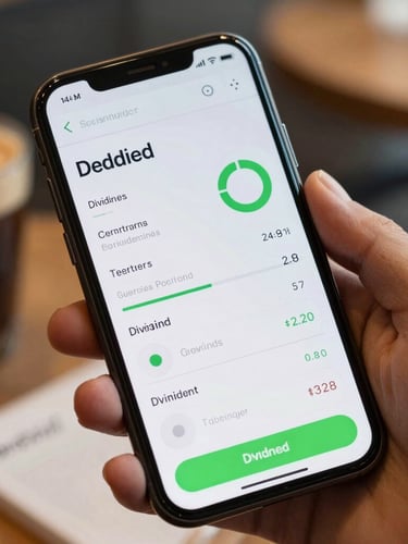 A close-up macro shot of a dark Android phone screen displaying a clean vector dividend tracker UI with safety-green accents, held in a hand at a coffee shop