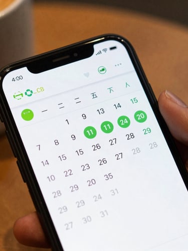 A close-up macro shot of a dark-mode Android app interface on a physical phone screen, displaying a clean green vector dividend calendar, held in a hand at a coffee shop.