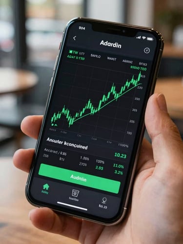Macro close-up of a modern Android phone displaying a clean, high-contrast financial chart with safety-green accents, held in a hand at a coffee shop, natural morning light.