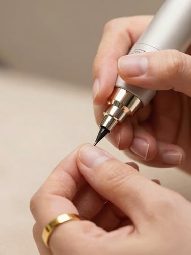 Macro close-up of a precise permanent makeup procedure, hands with gold rings holding a clinical device, warm diffused studio lighting, champagne tones