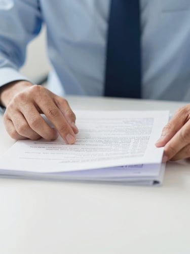 Close-up of confident hands organizing documents on a bright, clean desk, soft natural daylight, crisp corporate blues, 35mm