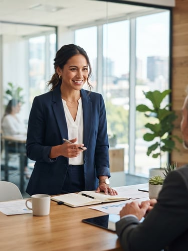 Medium environmental portrait of a confident female business consultant in a bright, modern office, natural daylight, crisp corporate blues, warm tones, 35mm