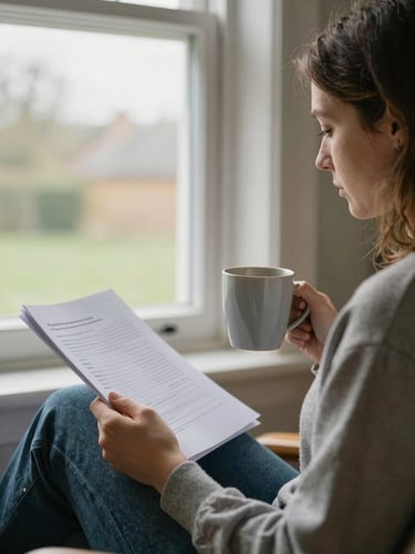A person sitting calmly by a window in a warm UK home, holding a warm mug, reviewing paperwork calmly, soft natural overcast daylight, shallow depth of field, 35mm photography.