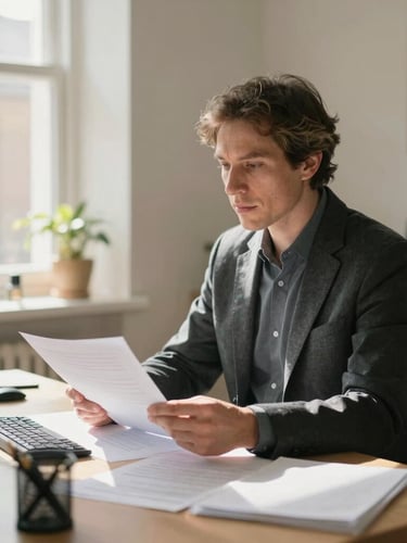 A professional advisor sitting in a calm, modern UK home office reviewing documents on a desk with soft natural daylight filtering in.