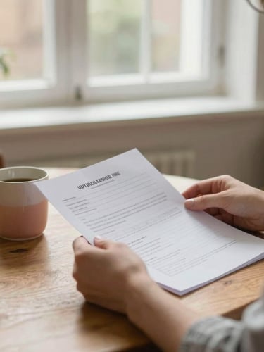A quiet domestic setting in the UK. A person sits calmly at a wooden table reviewing paperwork next to a warm mug. Soft daylight filters through a window, shallow depth of field.