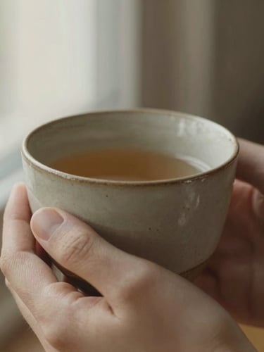 Macro close-up of hands holding a warm, textured ceramic cup, soft morning light filtering through a window, earthy tones, 35mm photography.