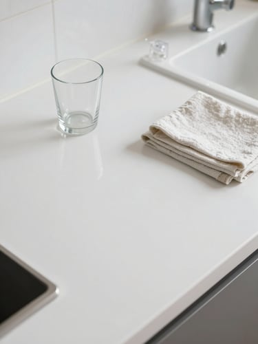 Close-up overhead composition of a spotless kitchen counter with organized minimal items — a single glass, folded cloth, and clear fixture — under bright diffused natural daylight, no people, clean white surface