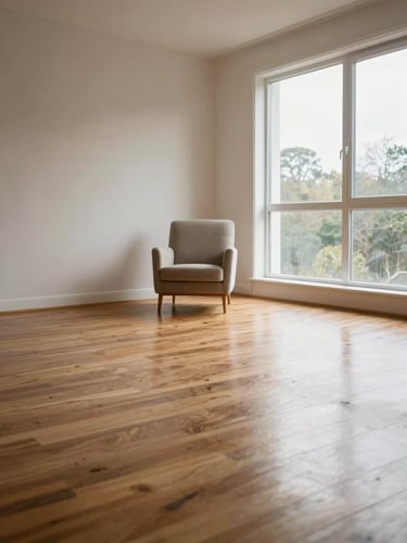 Wide environmental shot of a freshly cleaned living room interior flooded with bright natural daylight from a large window to the right, clear hardwood floor in the foreground, a single armchair centered in negative space, calm and minimal