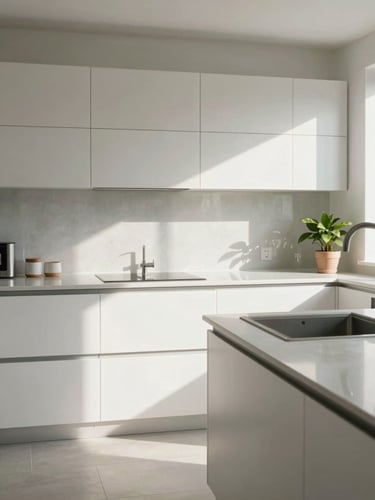 Wide environmental shot of a spotless modern kitchen counter under bright natural daylight, organized surfaces completely clear, a single potted plant to the far right, generous negative space to the left, calm and unhurried atmosphere
