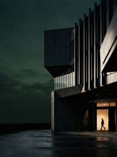 High-contrast editorial photo of a modern architectural facade with sharp lines and deep shadows, low-key directional light, 35mm, deep forest green and charcoal tones. Expansive sky on the left.
