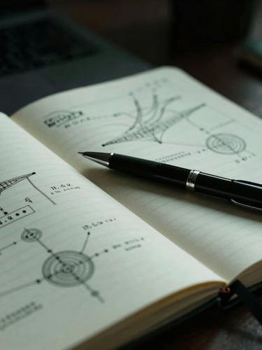 Close-up of a physical notebook with dense strategic diagrams, a pen resting on a page, sharp focus, low-key directional light, dark office environment, 35mm