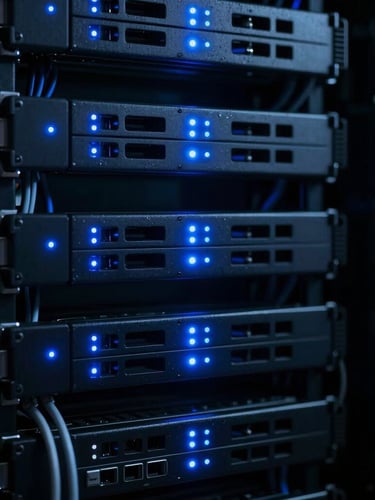 Macro shot of clean server rack cabling with glowing blue LED indicator lights in a dark server room, high-contrast dark slate tones, 35mm