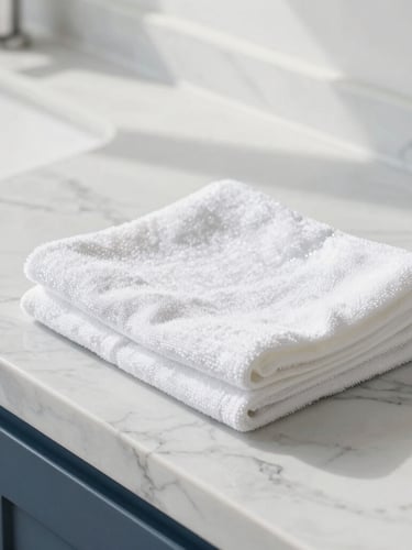 Close-up of a spotless, gleaming marble kitchen countertop with perfectly folded white towels, bright high-key natural daylight, crisp and clean architectural digest style.