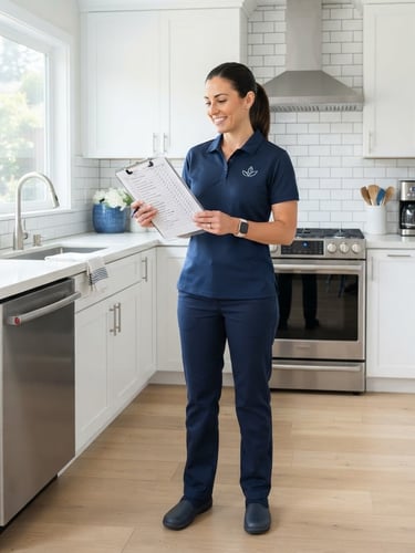 A professional, uniformed cleaner in a bright, modern kitchen holding a structured clipboard checklist, crisp daylight, high-key photography, clean blue and white tones.