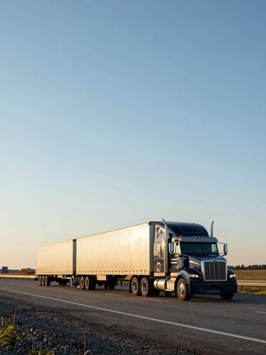 Wide panoramic shot of a multi-car hauler truck driving on a major interstate highway at golden hour, low sun, clear sky, with visible road signs for I-94 and I-35, expansive landscape, sharp focus, deep navy and gold tones.