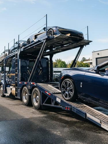 Professional multi-car hauler being loaded with a luxury sedan, low-angle heroic shot, bright natural daylight, deep navy and gold tones, sharp focus.