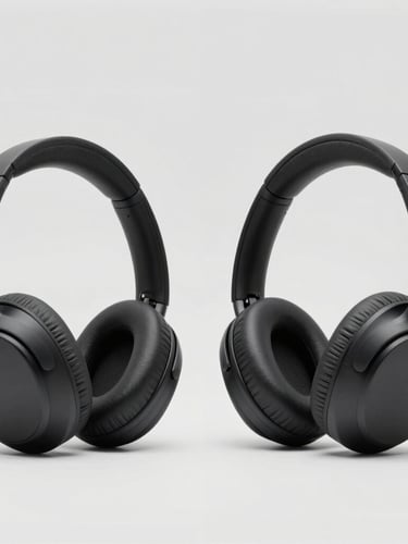 Side-by-side comparison of premium headphones, matte black finish, crisp studio lighting, neutral light gray background