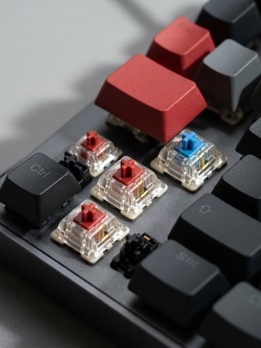 Macro close-up of premium mechanical keyboard switches, crisp studio lighting, red accent keycaps, shallow depth of field, 50mm lens