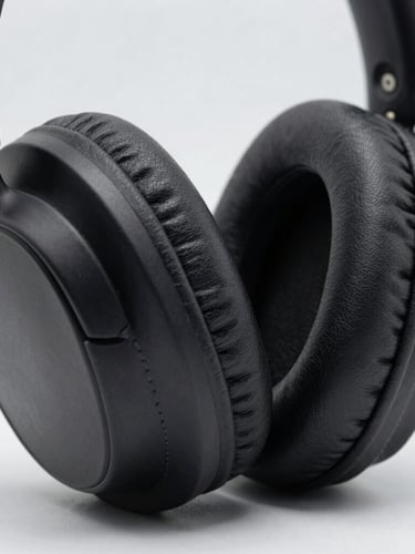 Crisp macro shot of headphone ear cup textures, leather stitching and metal grilles, clean studio lighting, soft shadows, neutral light gray background