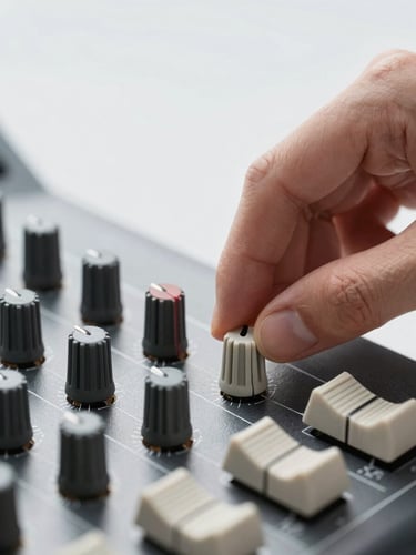 Macro close-up of a hardware engineer calibrating an audio dial on a mixing console, bright clean studio lighting, soft shadows, neutral light gray background