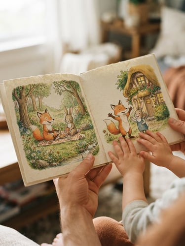 Hands holding an open children's picture book showing colorful hand-drawn characters, soft natural window light, warm paper texture
