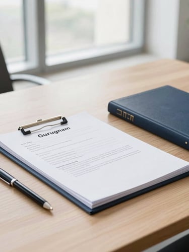 A bright modern office in Gurugram, high-quality legal documents and stationery on a clean wooden table, soft window light, professional 35mm photography.
