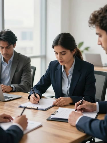Bright modern office in Gurugram, professional team reviewing financial ledgers on a large wooden table, soft natural window light, 35mm