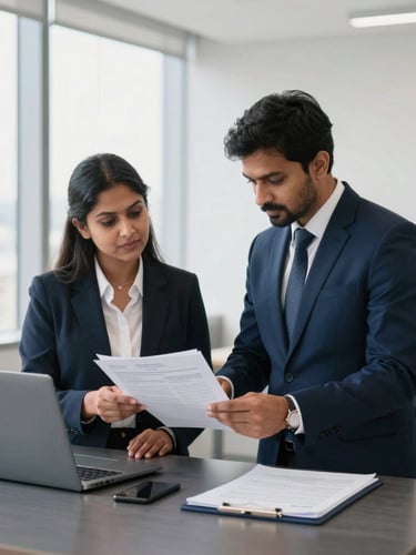 Professional corporate legal experts reviewing structural tax documents in a bright Bengaluru office, natural window lighting, clean navy tones, 35mm.