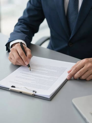A professional corporate setting with hands reviewing a structured legal document on a slate gray desk, soft natural light, 35mm editorial.