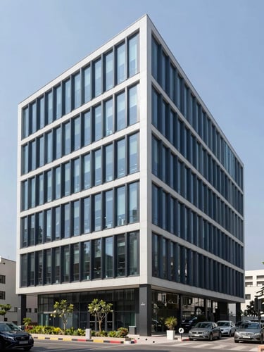 A clean architectural shot of a modern office building in Gurugram, bright natural light, crisp navy and slate tones, professional 35mm photography.