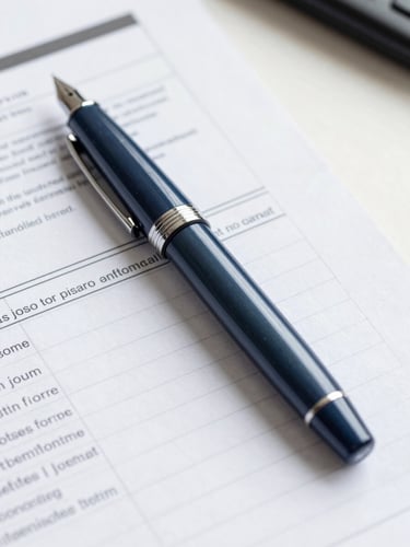 Close-up of a professional fountain pen resting on structured tax ledger documents, bright natural office light, navy and slate tones, 35mm