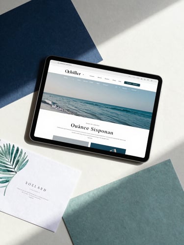 Overhead flat-lay of a modern tablet displaying a clean website mockup next to hand-painted paper invitations, soft coastal daylight, warm shadows.