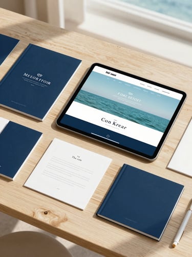 Styled flat-lay of high-end artisanal stationery and a tablet displaying a clean web design mockup on a light wooden table, soft coastal sunlight