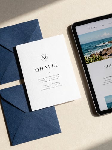Overhead flat-lay of high-end textured linen paper invitations next to a modern tablet displaying a clean website mockup, warm coastal daylight, soft shadows