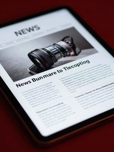 High-contrast editorial close-up of a tablet displaying a crisp digital news layout, dramatic studio lighting with deep crimson shadows, sharp 35mm focus