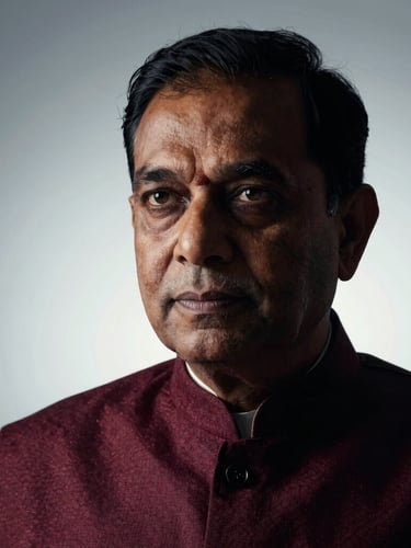 A high-contrast dramatic portrait of a distinguished Indian public figure in deep shadow, cool-toned backlighting, sharp 35mm lens, editorial style