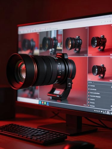 High-contrast editorial photography of a modern Indian digital newsroom monitor displaying live feeds, deep crimson backlighting, sharp 35mm lens
