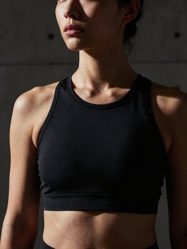 Tight macro portrait of a female pilates instructor in a high-tension black rashguard, dramatic high-contrast key light, deep shadows, dark background