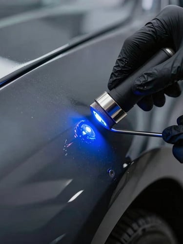 A close-up of hands in black nitrile gloves applying ceramic coating to a glossy dark fender, sharp focus on the leveling line under blue LED inspection lights, 35mm macro