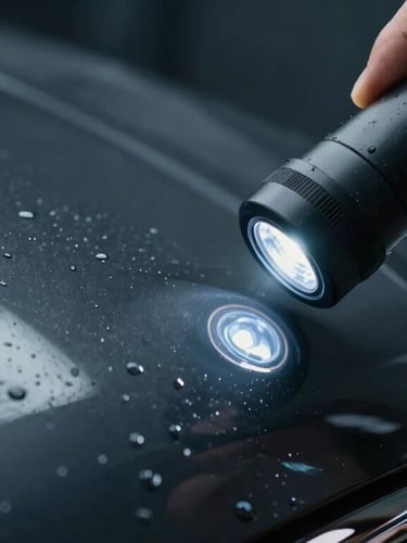 Macro close-up of a hand applying ceramic coating to a glossy black hood under sharp LED inspection lights, water beading visible, 35mm
