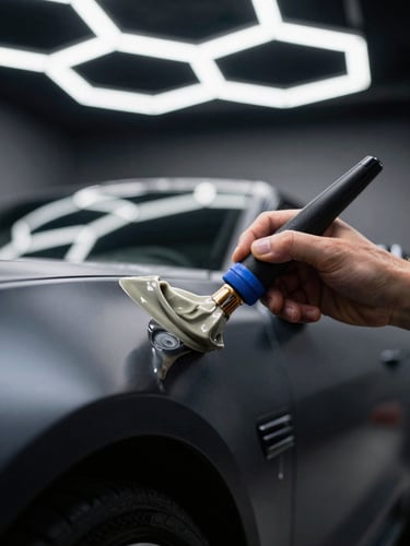 Macro close-up of a hand applying ceramic coating to a black sports car under sharp overhead LED hex-lights, high-contrast studio lighting, 35mm