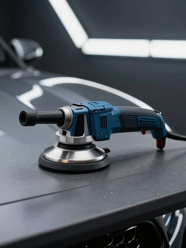 A clean modern detailing bay with a dual-action polisher resting on a graphite workbench, sharp reflections of LED inspection lights on a polished hood, 35mm