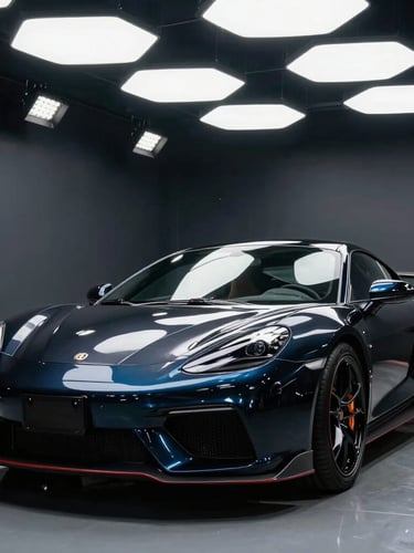 A professional automotive creator filming a glossy black sports car in a modern detailing bay under bright overhead LED hex-lights, sharp reflections, high-contrast studio lighting