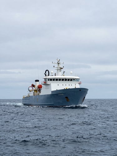Wide coastal survey vessel seen from low angle on open Atlantic water at overcast daylight, multibeam sonar array visible on hull, cold blue-gray sea filling two-thirds of frame, horizon line low