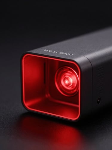 Macro depth of field product photography of a sleek matte-finished WELLOND device emitting a sharp, vibrant red clinical light glow in a dark minimalist studio.