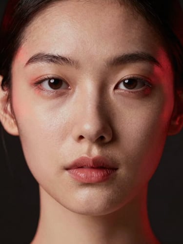Close-up portrait of a subject with flawless skin texture under a sharp crimson light glow, dark minimalist studio, clinical depth of field.