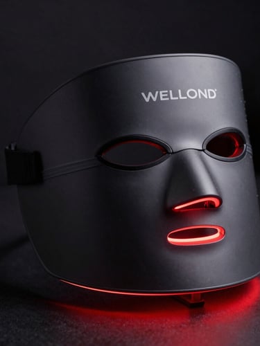Macro product photography of a sleek matte-black WELLOND flexible light therapy mask active with a sharp crimson LED glow, dark clinical studio setting, shallow depth of field.