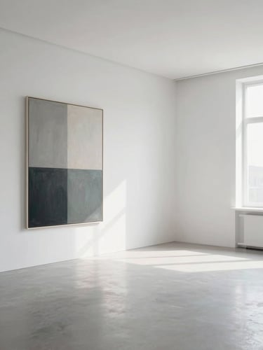Wide studio interior, north-facing daylight flooding bare white walls, a single large-format artwork mounted at human scale on the left third, generous empty floor and wall space to the right, flat even light, no shadows